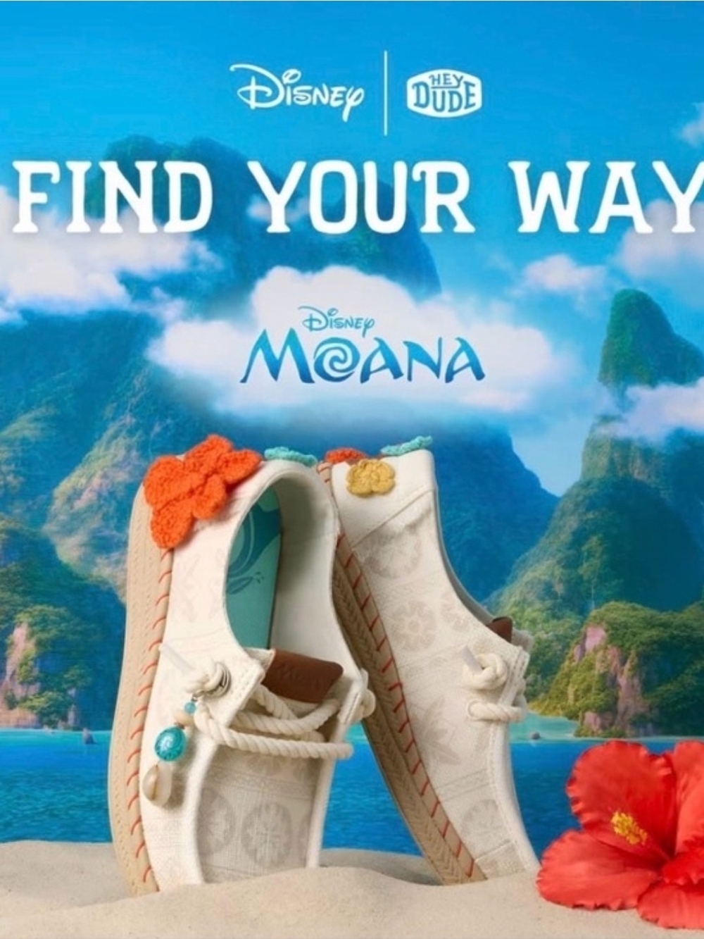 Disney Moana Limited Edition Hey Dude w/Beads, Orange & Yellow Flowers Size 8